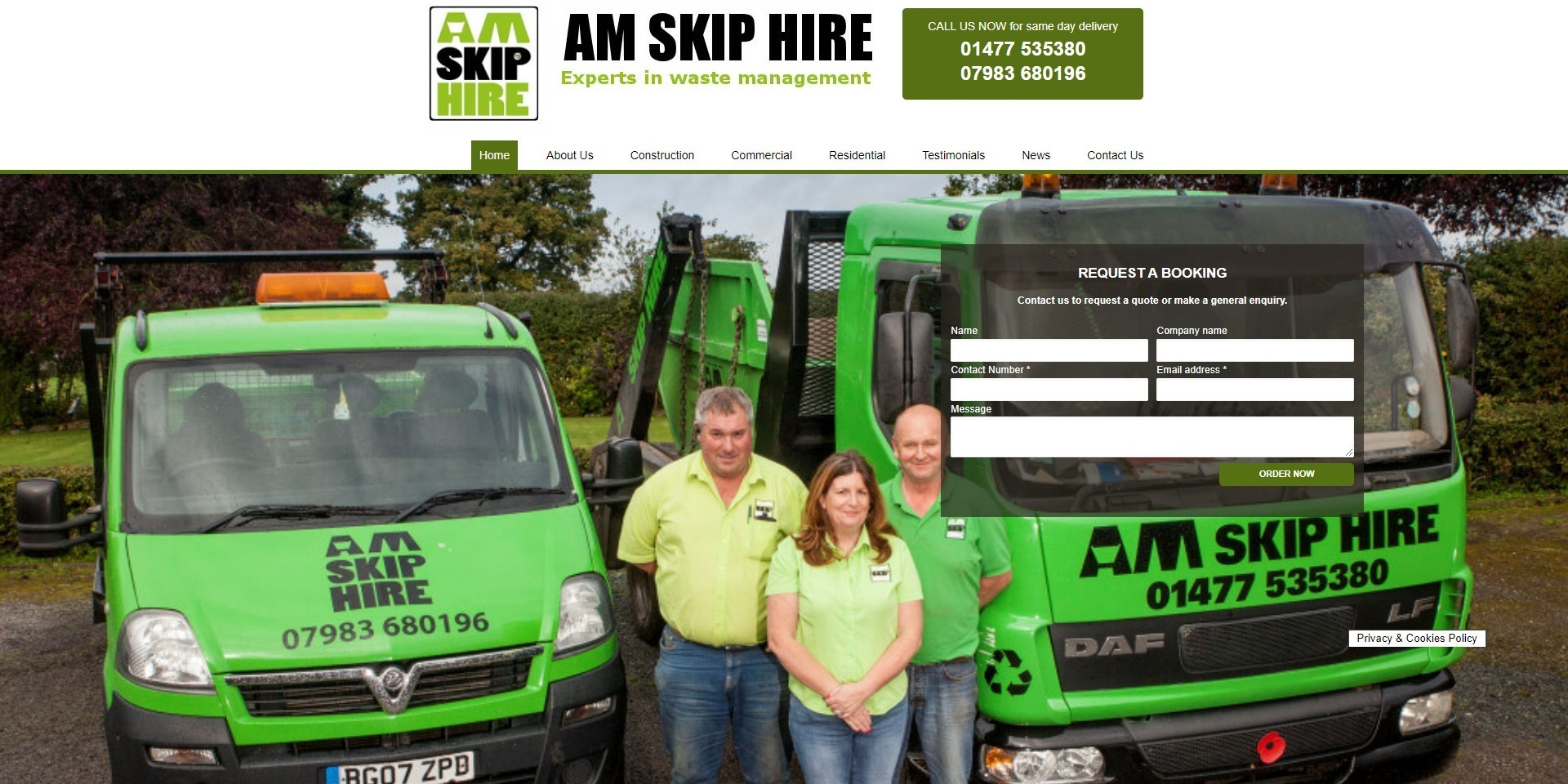 The new AM Skip Hire website, designed by it'seeze, website shown on desktop