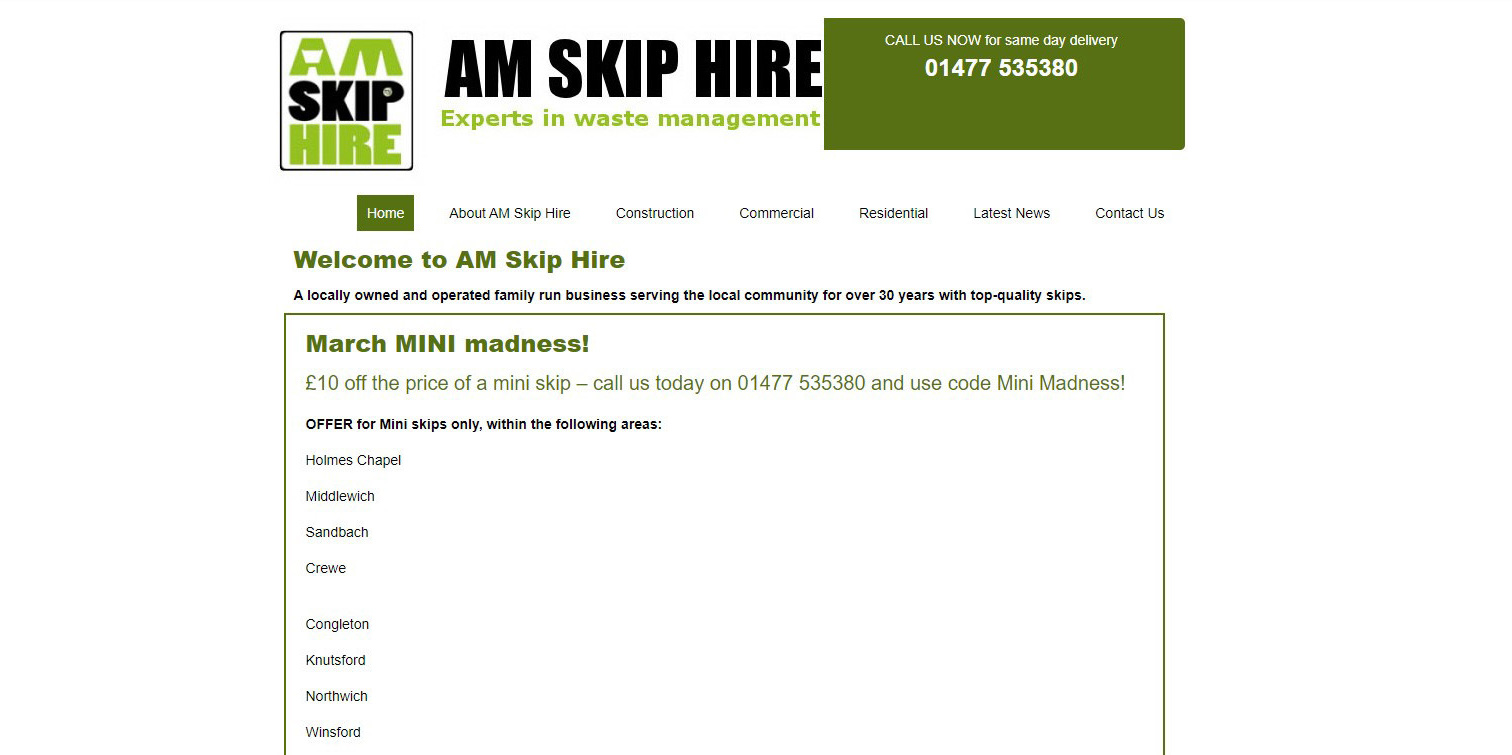 The previous AM Skip Hire website shown on desktop